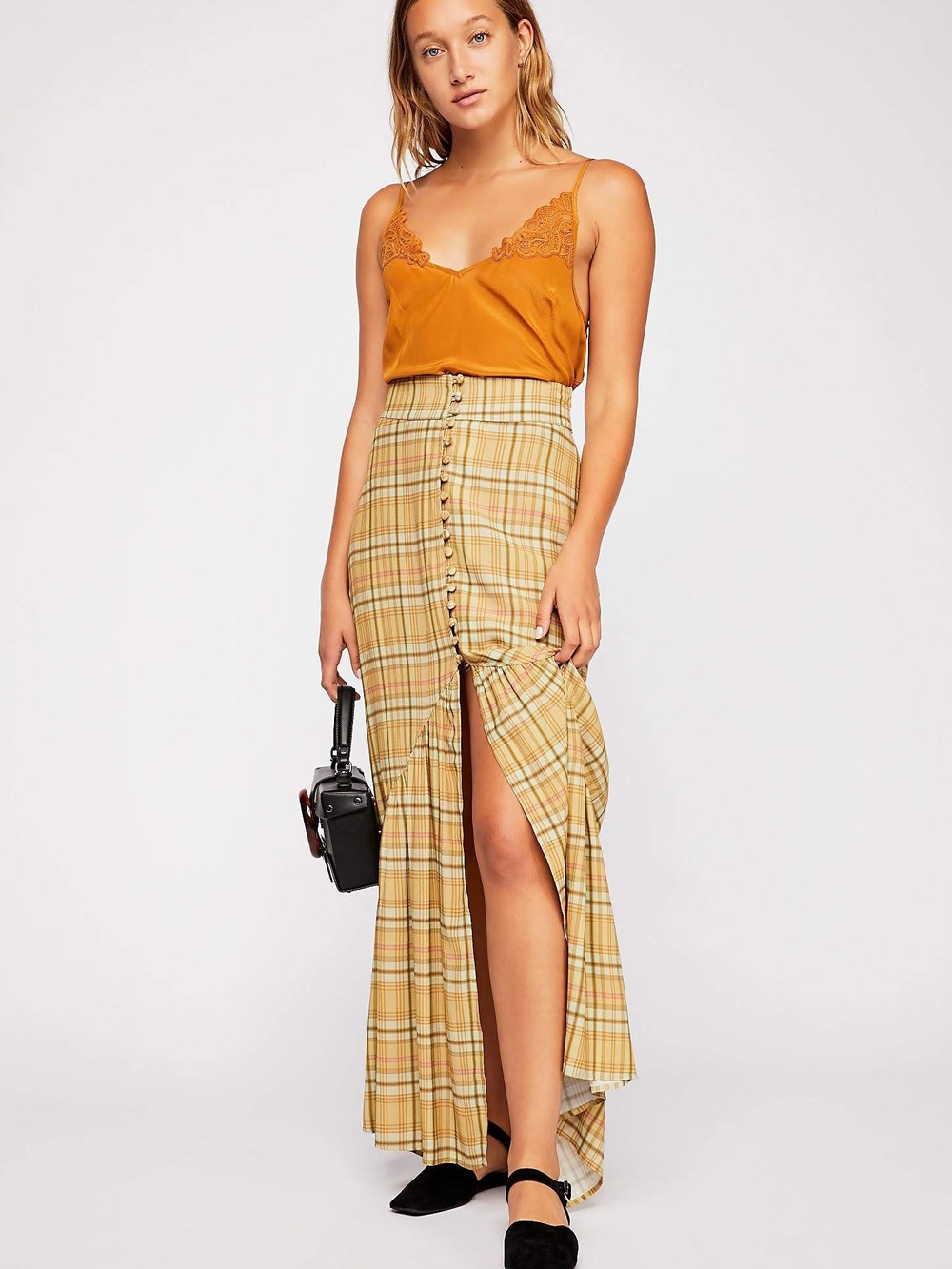 Free People Green Plaid Button-Front Maxi Skirt with Front Slit